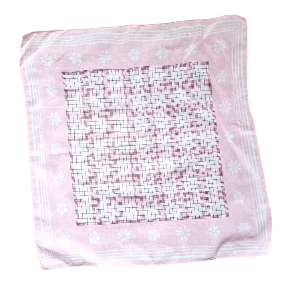 VINTAGE Cottagecore Pink Floral Plaid Scarf Handkerchief 21in x 21in‎